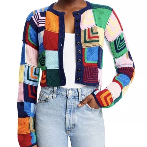 RE/DONE Womens Multicolor Cropped Patchwork Cardigan, Sz XS, Boho, Y2K, Indie - Picture 2 of 11